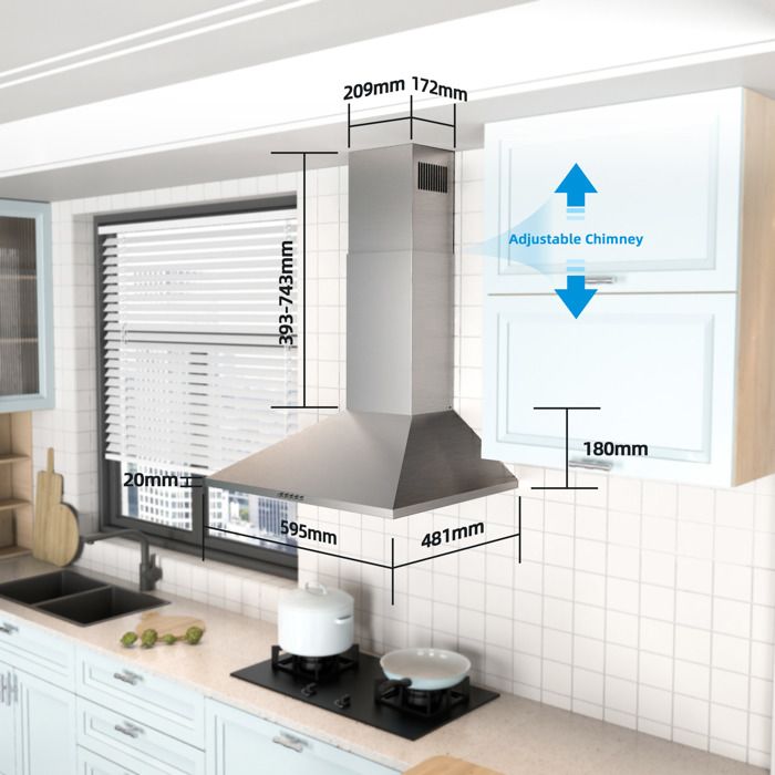 FIREGAS Hotte Aspirante Murale 60cm, 308 m³/h, Avec LED, 3 vitesses, Filtres à Charbon, Inox – Image 2