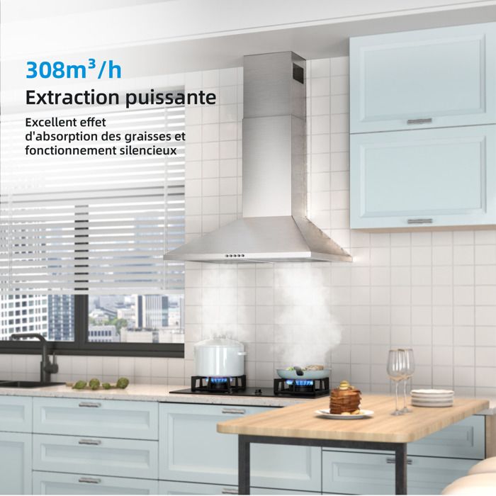 FIREGAS Hotte Aspirante Murale 60cm, 308 m³/h, Avec LED, 3 vitesses, Filtres à Charbon, Inox – Image 3