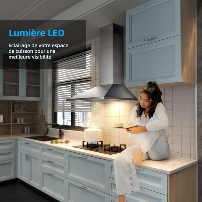 FIREGAS Hotte Aspirante Murale 60cm, 308 m³/h, Avec LED, 3 vitesses, Filtres à Charbon, Inox – Image 4