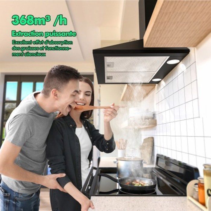 FIREGAS Hottes Aspirantes 60cm 368m³/h-Evacuation ou Recyclag-Hotte Murale-Noir-Classe énergétique A++ – Image 3