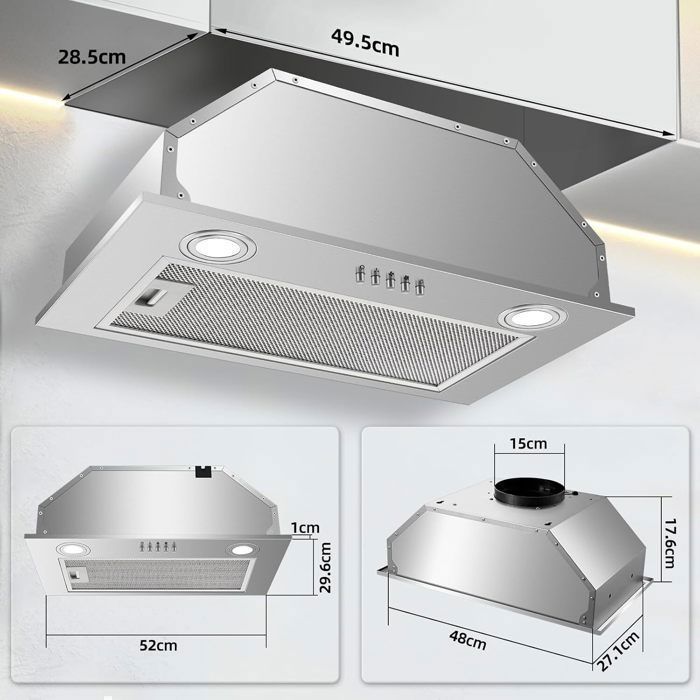 Hotte Aspirante Encastrée - Hotte de Cuisine Intégrée - 300m³/h - 52cm - Evacuation ou Recyclage - Inox - 3 Vitesses – Image 6